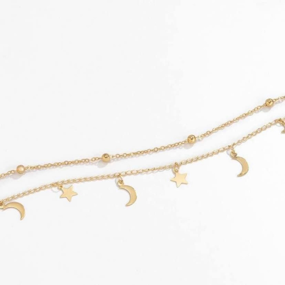 18K Gold Plated Moon Star Charm Necklace Layering Chain Choker for Women - Picture 4 of 4
